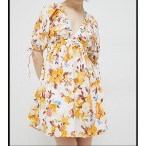 Abercrombie & Fitch Poplin Puff Sleeve V-Neck Babydoll Mini Floral‎ Dress Sz LT